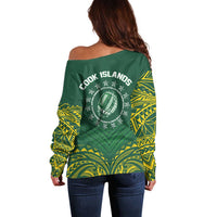 World Rugby Cook Islands Off Shoulder Sweater Green Polynesian Tribal Pattern LT9 - Polynesian Pride