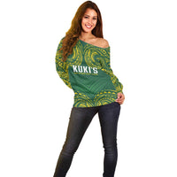 World Rugby Cook Islands Off Shoulder Sweater Green Polynesian Tribal Pattern LT9 - Polynesian Pride