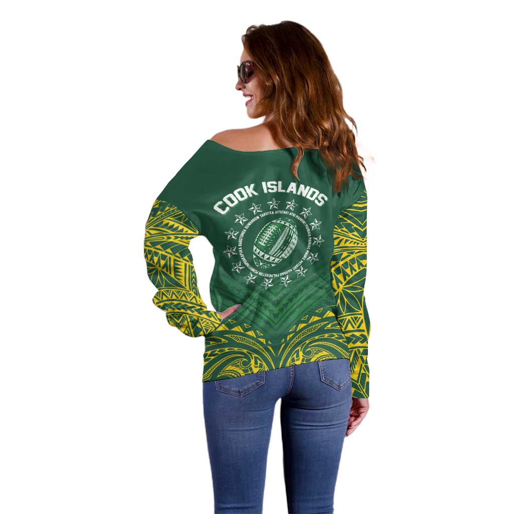 World Rugby Cook Islands Off Shoulder Sweater Green Polynesian Tribal Pattern LT9 - Polynesian Pride
