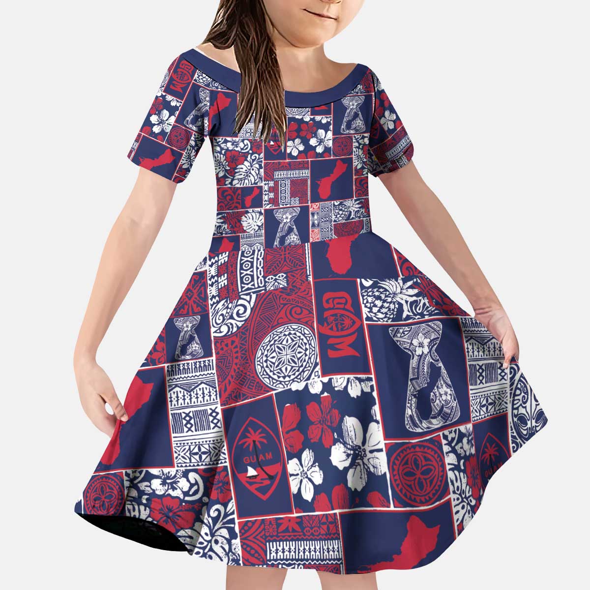 Guam Felis Pasgua Kid Short Sleeve Dress Pacific Patchwork Xmas Vibes LT9 KID Blue - Polynesian Pride