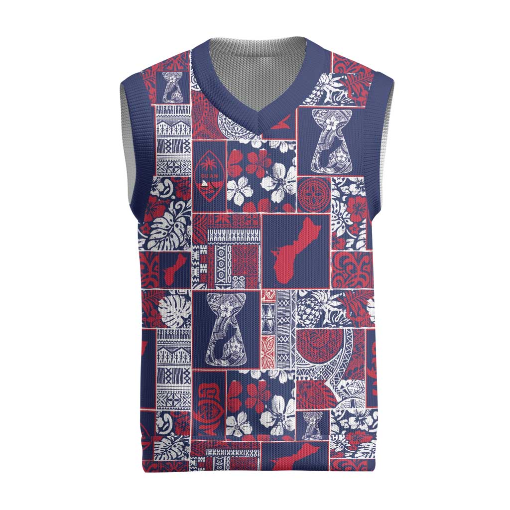 Guam Felis Pasgua Christmas Knitted V-Neck Vest Pacific Patchwork Xmas Vibes LT9 Blue - Polynesian Pride