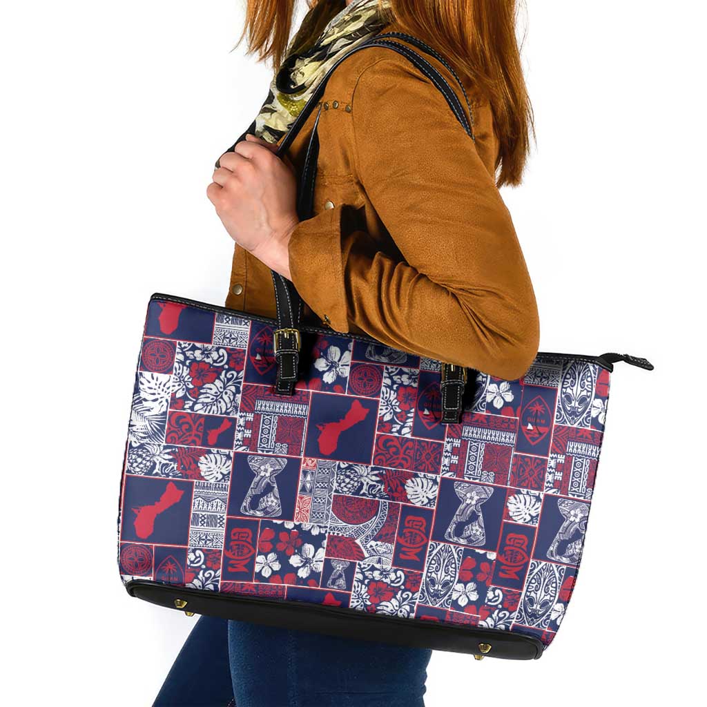 Guam Felis Pasgua Leather Tote Bag Pacific Patchwork Xmas Vibes LT9 Blue - Polynesian Pride