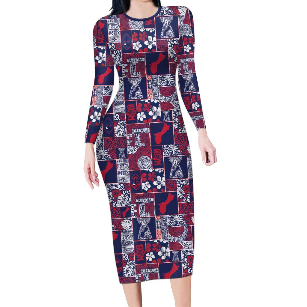 Guam Felis Pasgua Long Sleeve Bodycon Dress Pacific Patchwork Xmas Vibes LT9 Long Dress Blue - Polynesian Pride