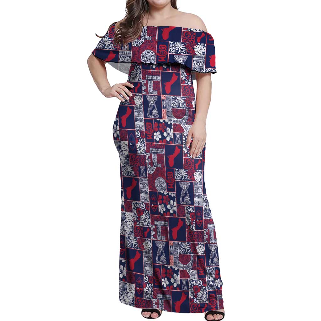Guam Felis Pasgua Off Shoulder Maxi Dress Pacific Patchwork Xmas Vibes LT9 Women Blue - Polynesian Pride
