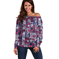 Guam Felis Pasgua Off Shoulder Sweater Pacific Patchwork Xmas Vibes LT9 Women Blue - Polynesian Pride
