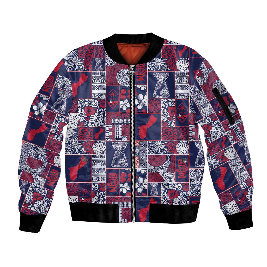 Guam Felis Pasgua Sleeve Zip Bomber Jacket Pacific Patchwork Xmas Vibes LT9 Unisex Blue - Polynesian Pride