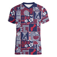 Guam Felis Pasgua Women V-Neck T-Shirt Pacific Patchwork Xmas Vibes LT9 Female Blue - Polynesian Pride