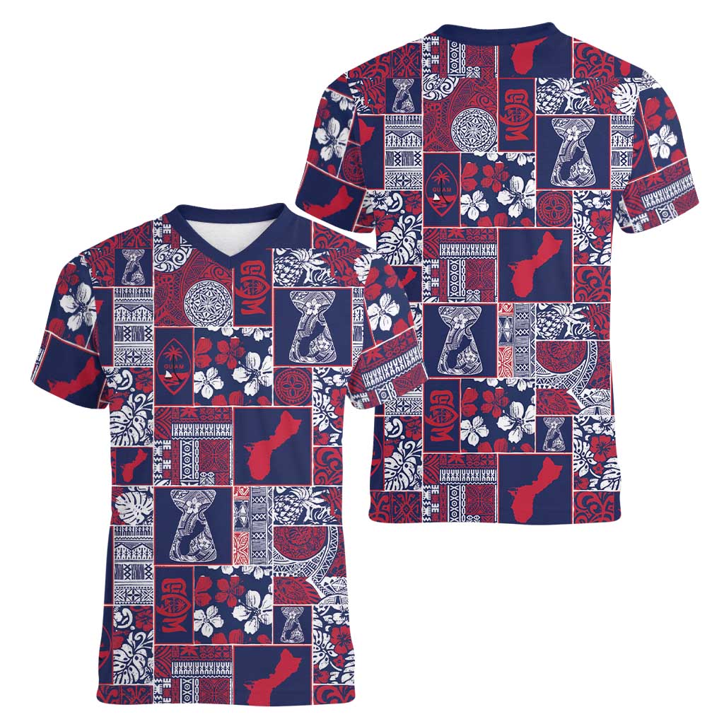 Guam Felis Pasgua Women V-Neck T-Shirt Pacific Patchwork Xmas Vibes LT9 - Polynesian Pride