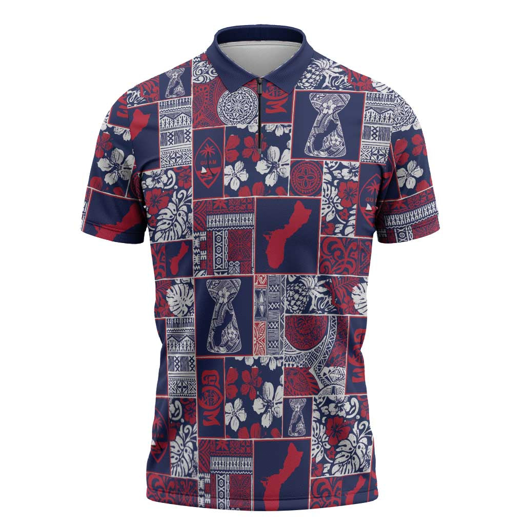 Guam Felis Pasgua Zipper Polo Shirt Pacific Patchwork Xmas Vibes LT9 Blue - Polynesian Pride