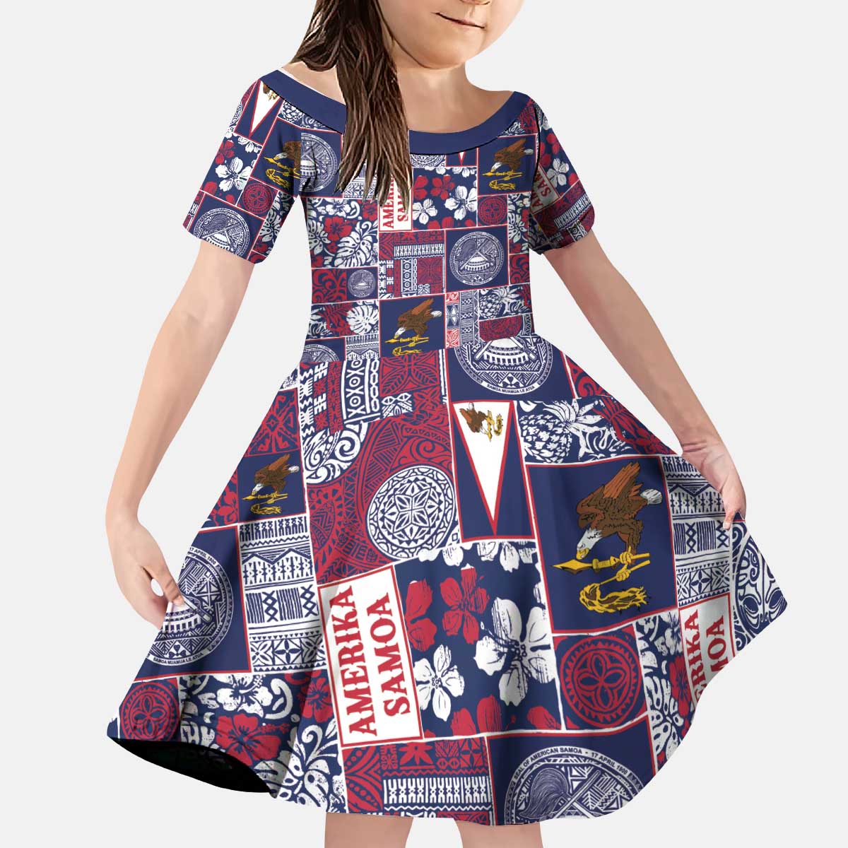 Manuia le Kerisimasi American Samoa Kid Short Sleeve Dress Pacific Patchwork Xmas Vibes LT9 KID Blue - Polynesian Pride