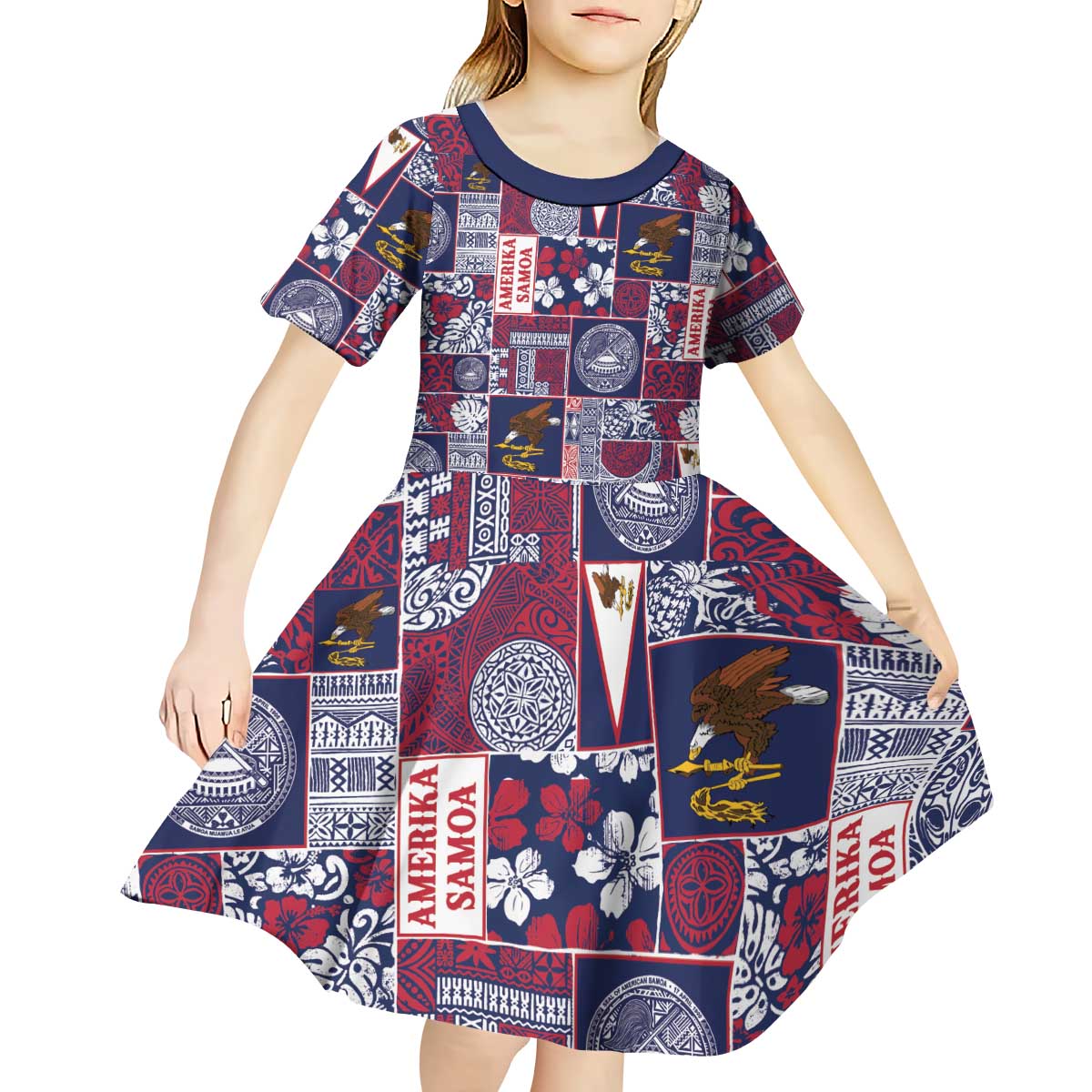 Manuia le Kerisimasi American Samoa Kid Short Sleeve Dress Pacific Patchwork Xmas Vibes LT9 - Polynesian Pride