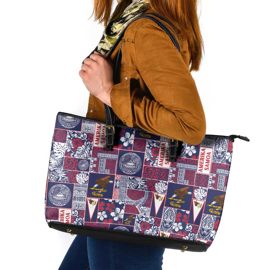 Manuia le Kerisimasi American Samoa Leather Tote Bag Pacific Patchwork Xmas Vibes LT9 Blue - Polynesian Pride
