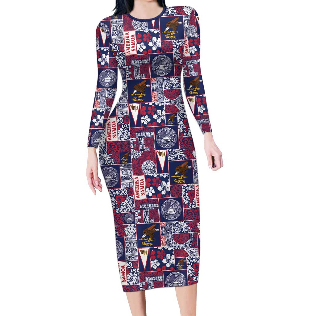 Manuia le Kerisimasi American Samoa Long Sleeve Bodycon Dress Pacific Patchwork Xmas Vibes LT9 Long Dress Blue - Polynesian Pride
