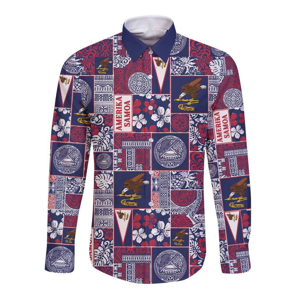 Manuia le Kerisimasi American Samoa Long Sleeve Button Shirt Pacific Patchwork Xmas Vibes LT9 Unisex Blue - Polynesian Pride