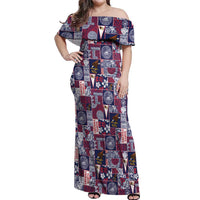 Manuia le Kerisimasi American Samoa Off Shoulder Maxi Dress Pacific Patchwork Xmas Vibes LT9 Women Blue - Polynesian Pride