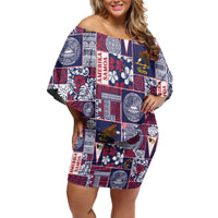 Manuia le Kerisimasi American Samoa Off Shoulder Short Dress Pacific Patchwork Xmas Vibes LT9 Women Blue - Polynesian Pride