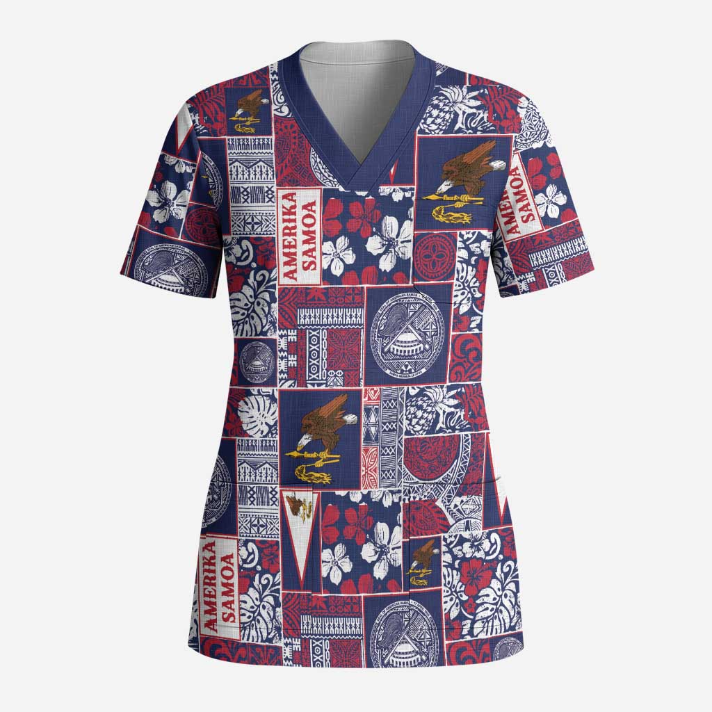Manuia le Kerisimasi American Samoa Scrub Top Pacific Patchwork Xmas Vibes LT9 Adult Blue - Polynesian Pride