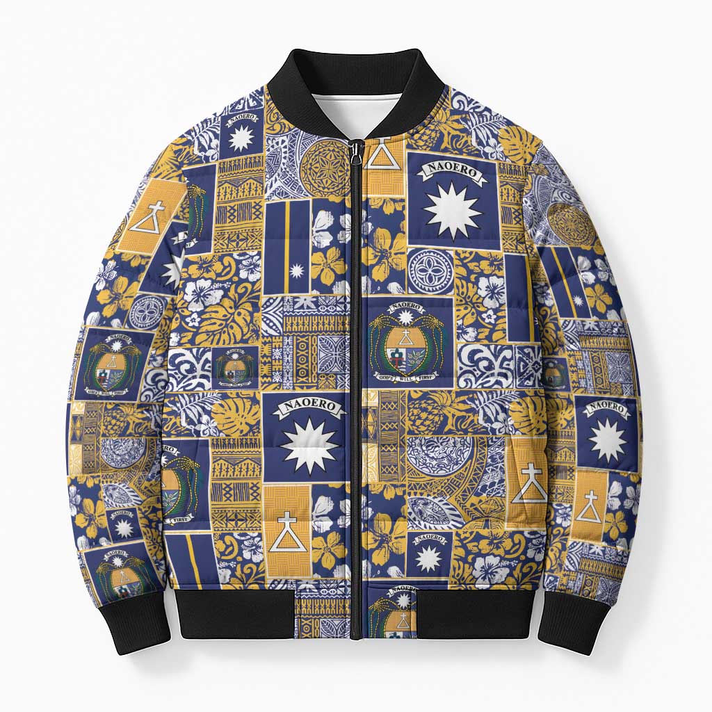 Ekamawir omo Nauru Bomber Puffer Jacket Pacific Patchwork Xmas Vibes LT9 Unisex Blue - Polynesian Pride