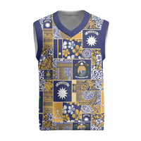 Ekamawir omo Nauru Christmas Knitted V-Neck Vest Pacific Patchwork Xmas Vibes LT9 Blue - Polynesian Pride