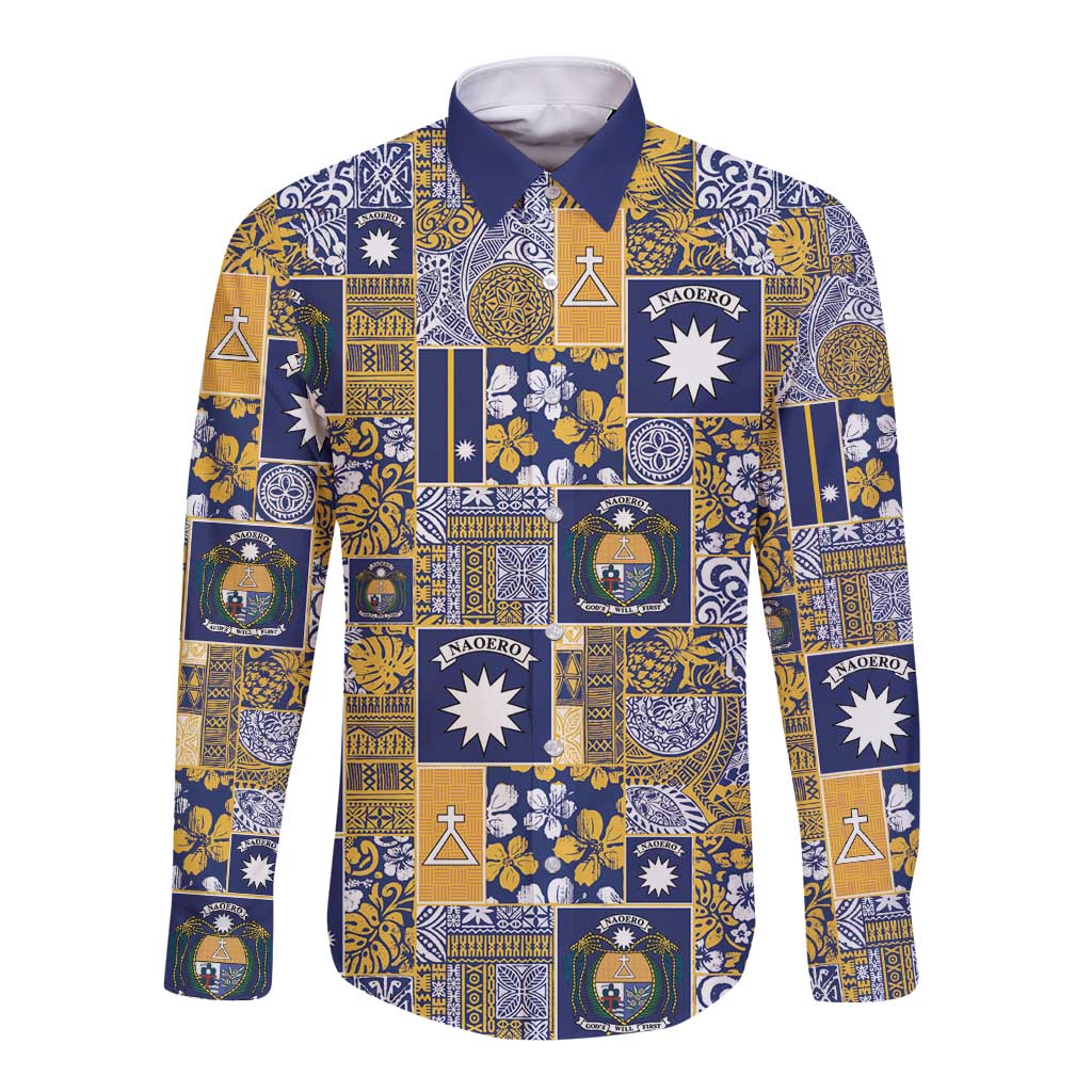 Ekamawir omo Nauru Long Sleeve Button Shirt Pacific Patchwork Xmas Vibes LT9 Unisex Blue - Polynesian Pride