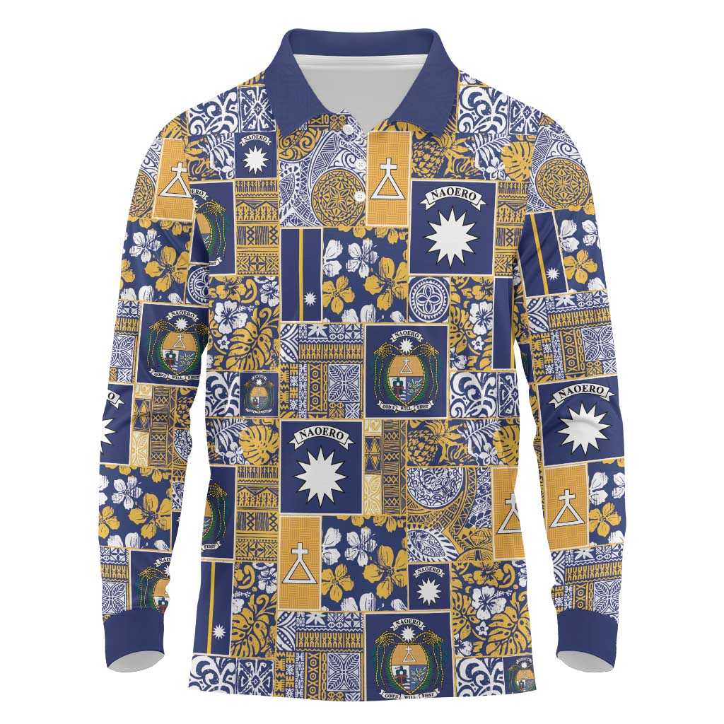Ekamawir omo Nauru Long Sleeve Polo Shirt Pacific Patchwork Xmas Vibes LT9 Blue - Polynesian Pride