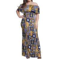 Ekamawir omo Nauru Off Shoulder Maxi Dress Pacific Patchwork Xmas Vibes LT9 Women Blue - Polynesian Pride
