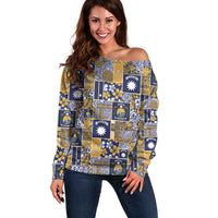 Ekamawir omo Nauru Off Shoulder Sweater Pacific Patchwork Xmas Vibes LT9 Women Blue - Polynesian Pride