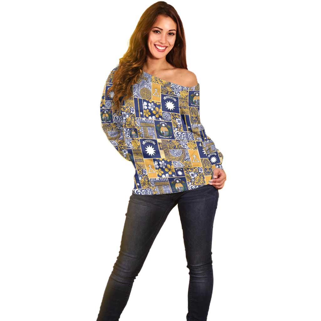 Ekamawir omo Nauru Off Shoulder Sweater Pacific Patchwork Xmas Vibes LT9 - Polynesian Pride