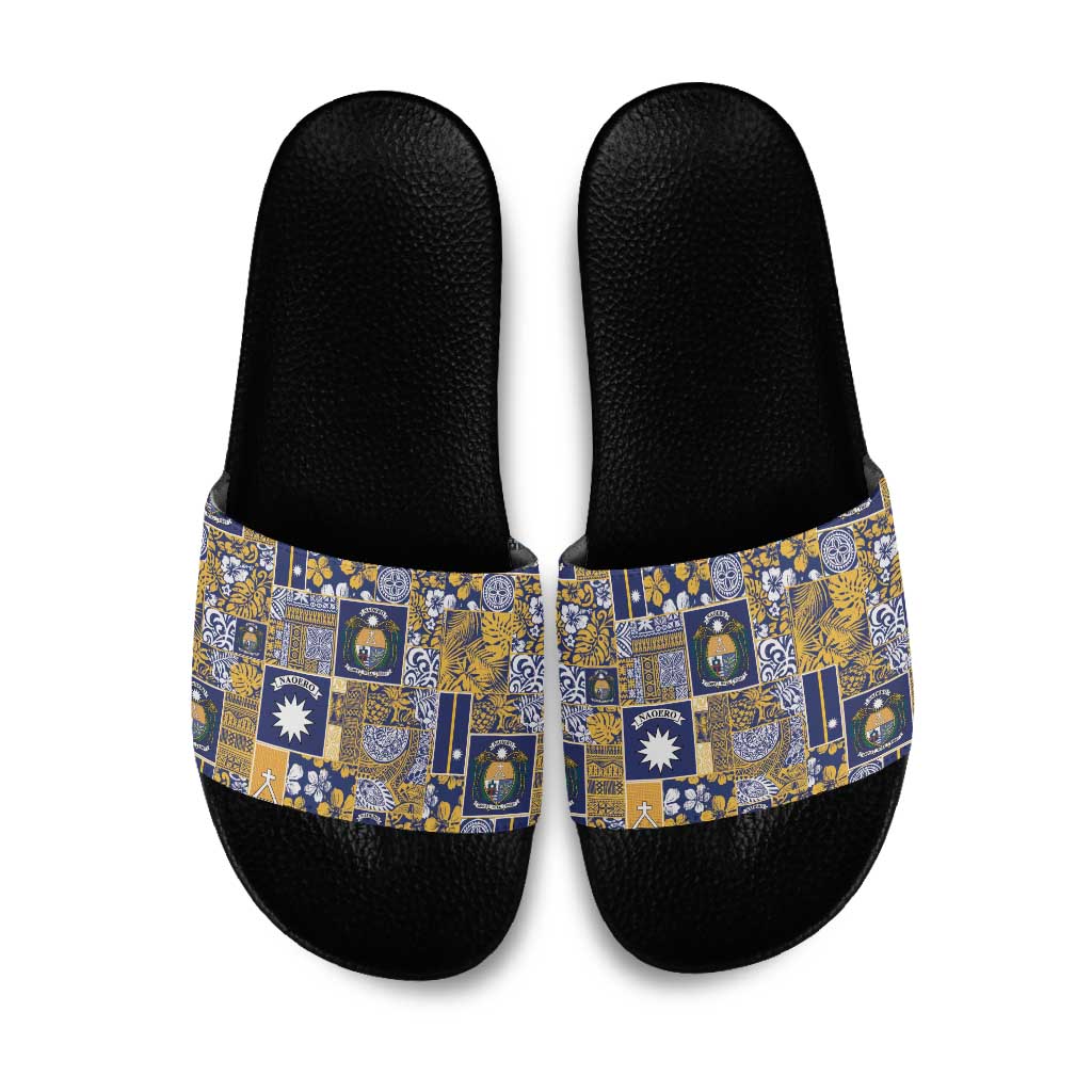 Ekamawir omo Nauru Slide Sandals Pacific Patchwork Xmas Vibes LT9 Blue - Polynesian Pride