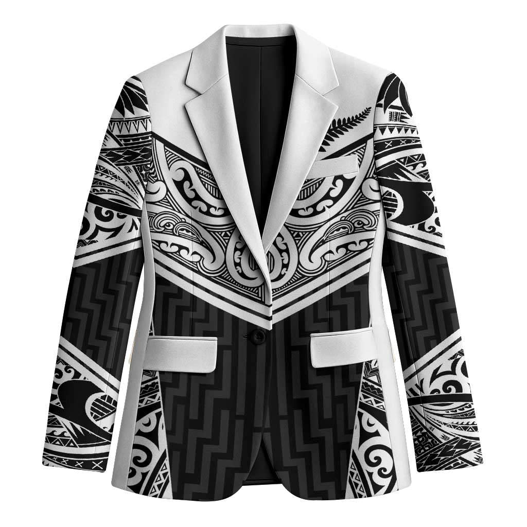 New Zealand Black Fern Custom Blazer Maori Tukutuku Black-white Motif LT9 Unisex White - Polynesian Pride