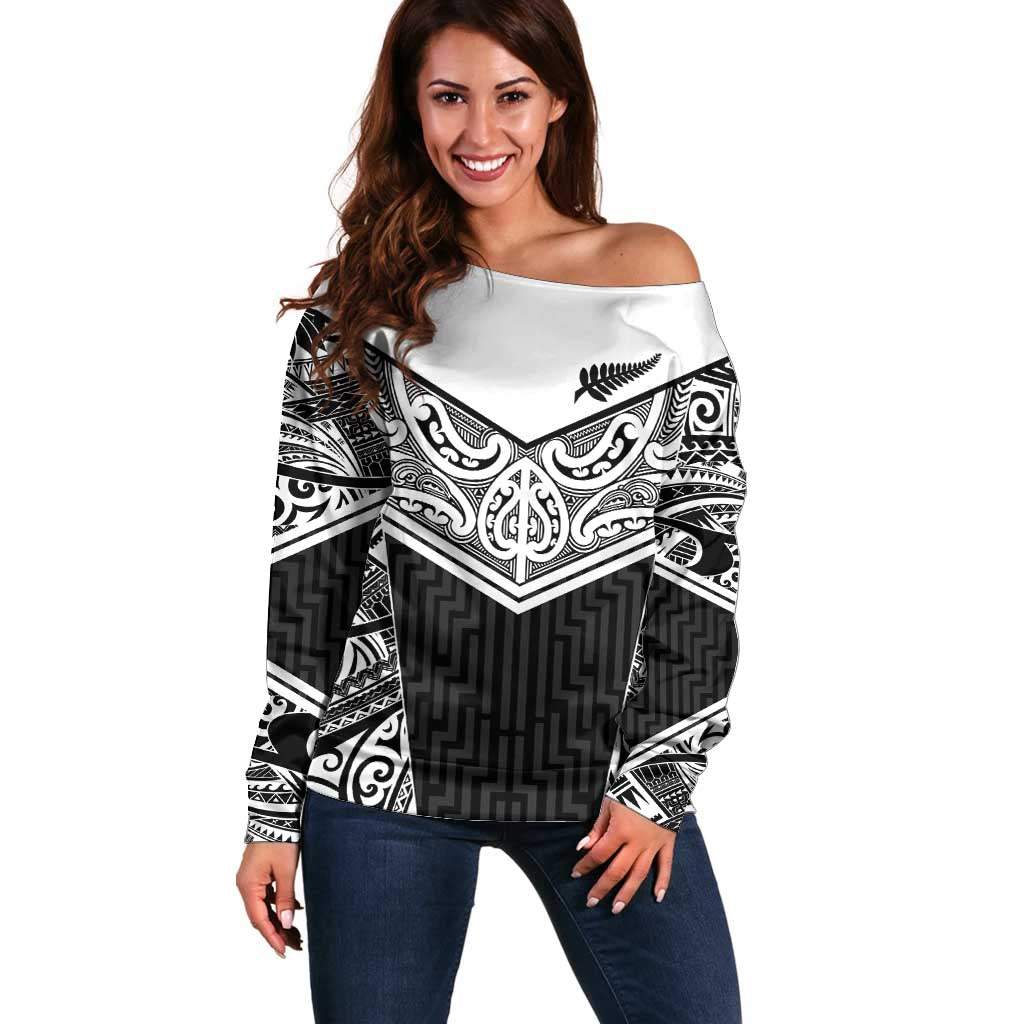 New Zealand Black Fern Custom Off Shoulder Sweater Maori Tukutuku Black-white Motif LT9 Women White - Polynesian Pride