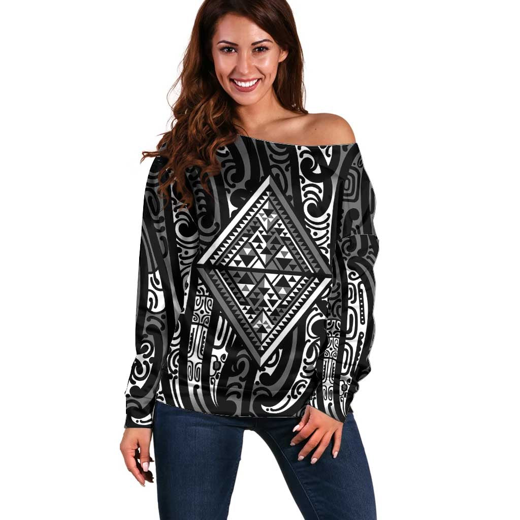 New Zealand Maori Taniko Off Shoulder Sweater Black Kowhaiwhai Puhoro LT9 Women Black - Polynesian Pride