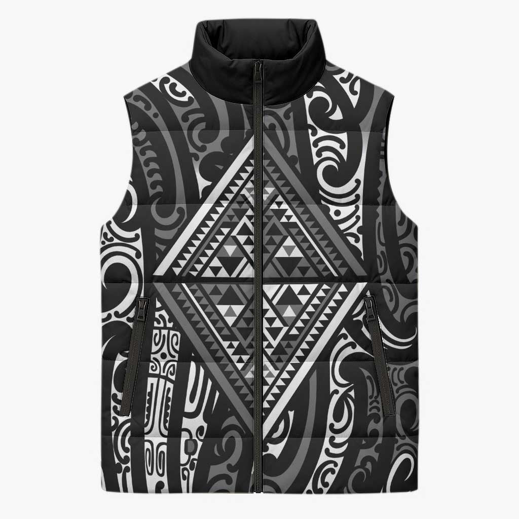 New Zealand Maori Taniko Sleeveless Puffer Jacket Black Kowhaiwhai Puhoro LT9 Unisex Black - Polynesian Pride