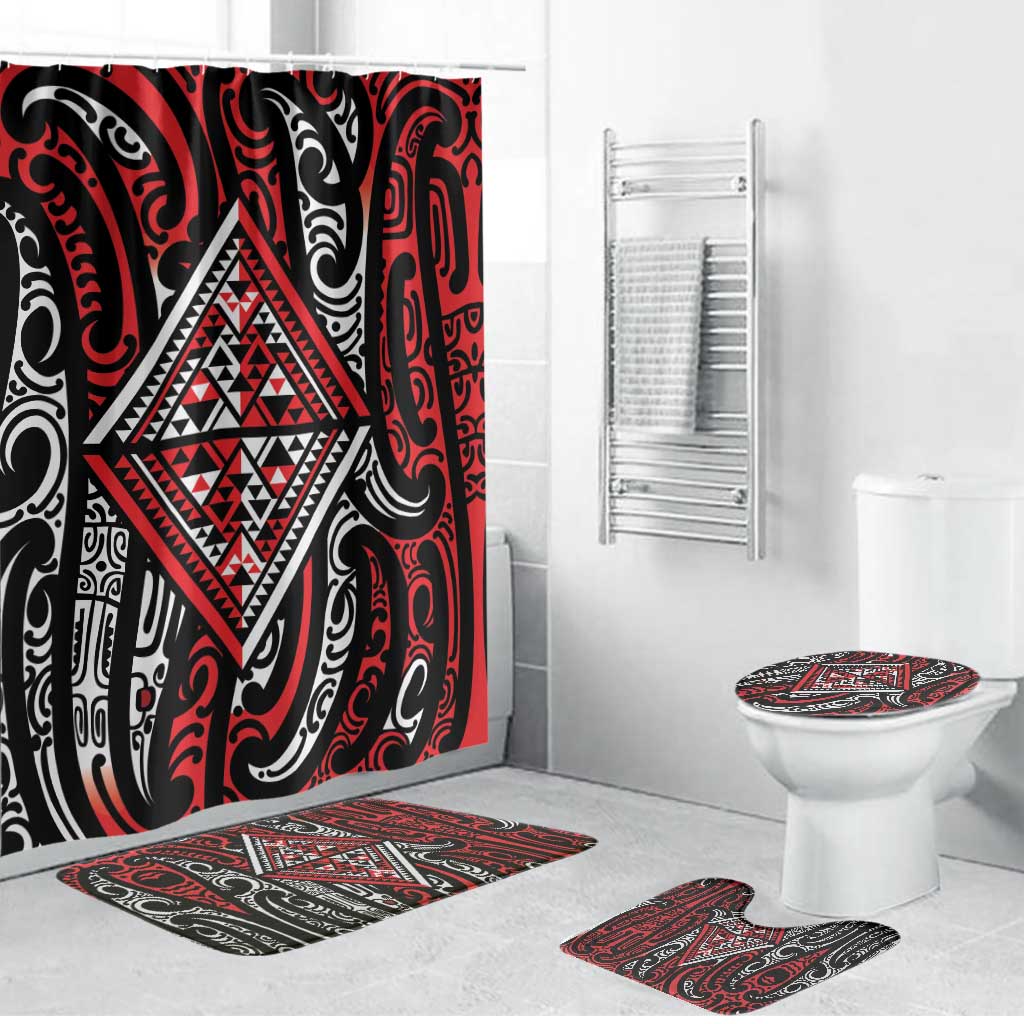 New Zealand Maori Taniko Bathroom Set Red Kowhaiwhai Puhoro LT9 Bathroom Set (4 pcs) Red - Polynesian Pride