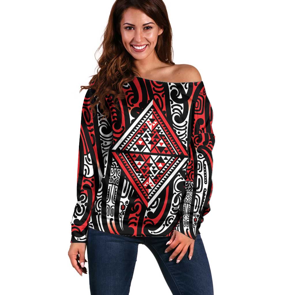 New Zealand Maori Taniko Off Shoulder Sweater Red Kowhaiwhai Puhoro LT9 Women Red - Polynesian Pride