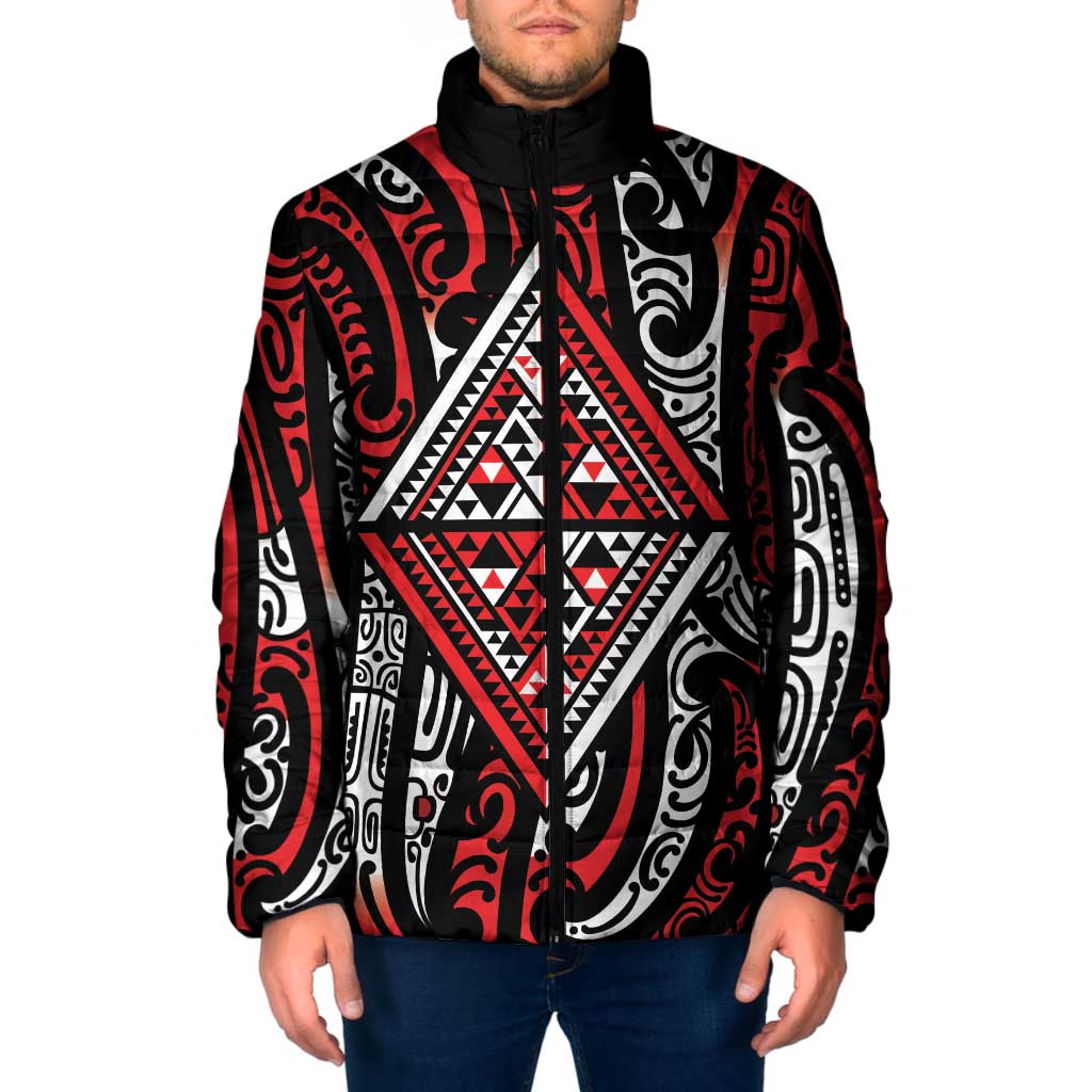 New Zealand Maori Taniko Padded Jacket Red Kowhaiwhai Puhoro LT9 Men Red - Polynesian Pride