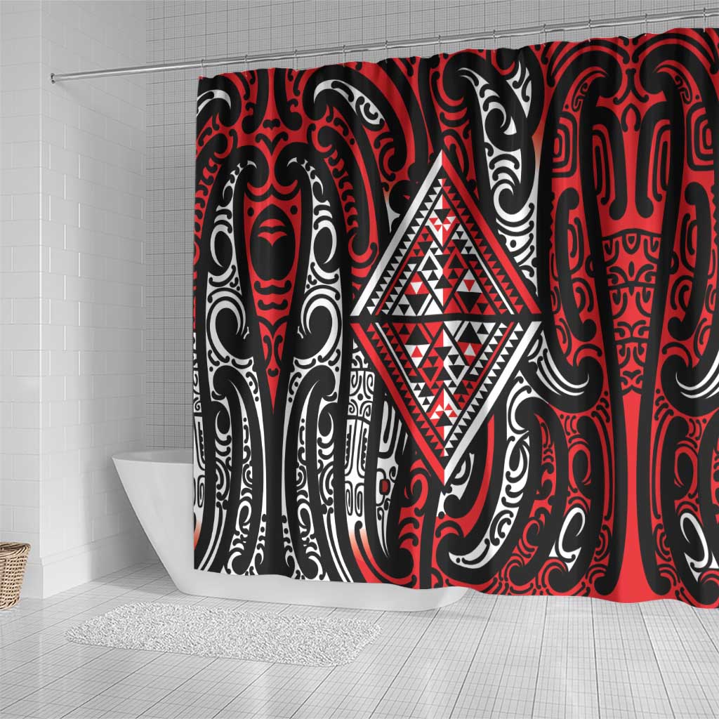 New Zealand Maori Taniko Shower Curtain Red Kowhaiwhai Puhoro LT9 - Polynesian Pride