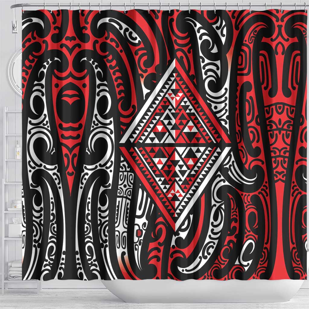 New Zealand Maori Taniko Shower Curtain Red Kowhaiwhai Puhoro LT9 - Polynesian Pride