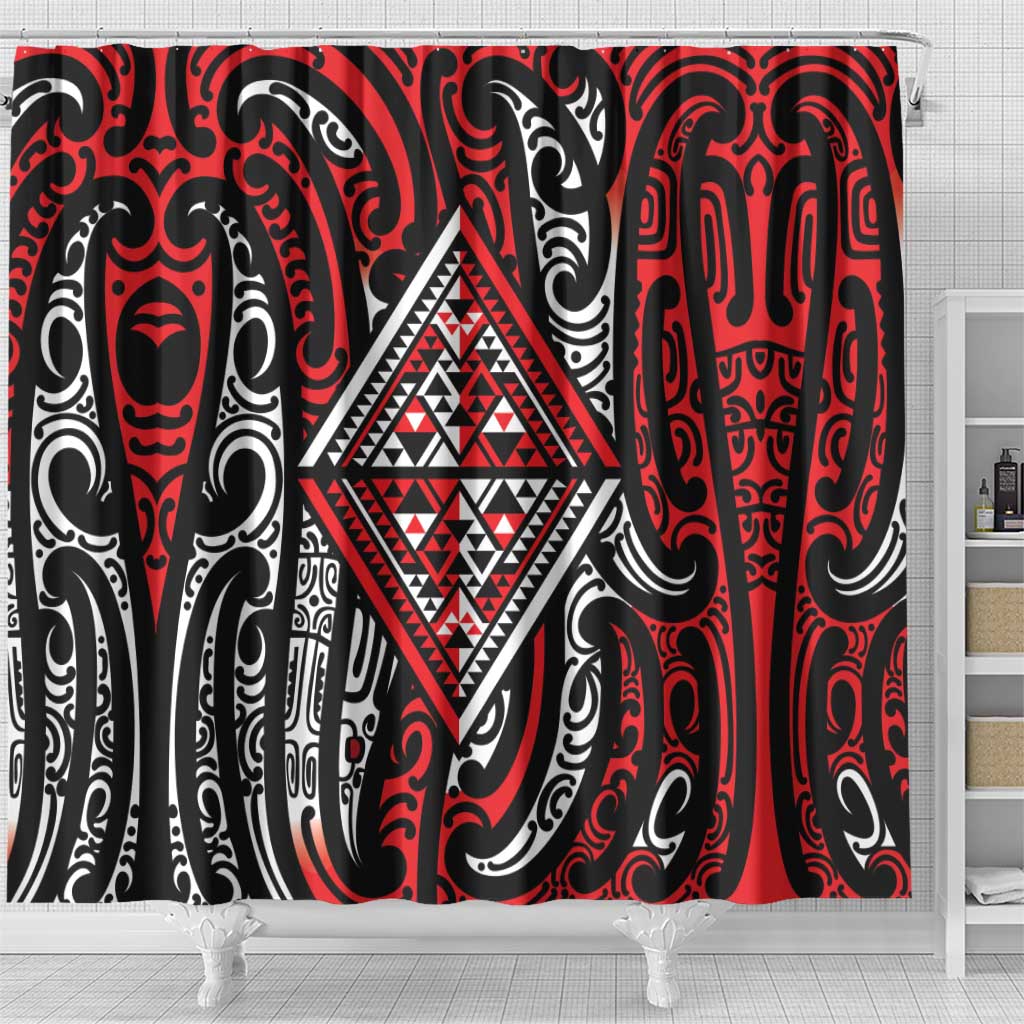 New Zealand Maori Taniko Shower Curtain Red Kowhaiwhai Puhoro LT9 - Polynesian Pride