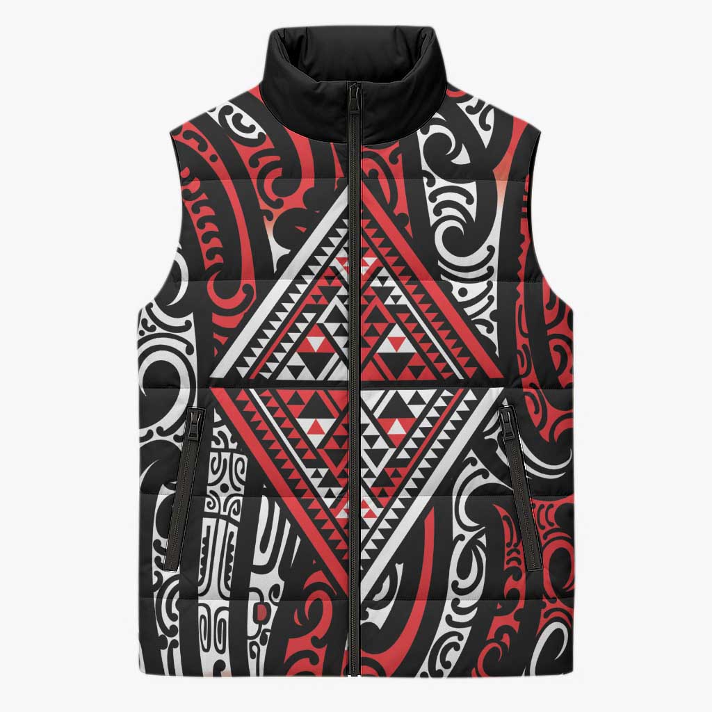 New Zealand Maori Taniko Sleeveless Puffer Jacket Red Kowhaiwhai Puhoro LT9 Unisex Red - Polynesian Pride
