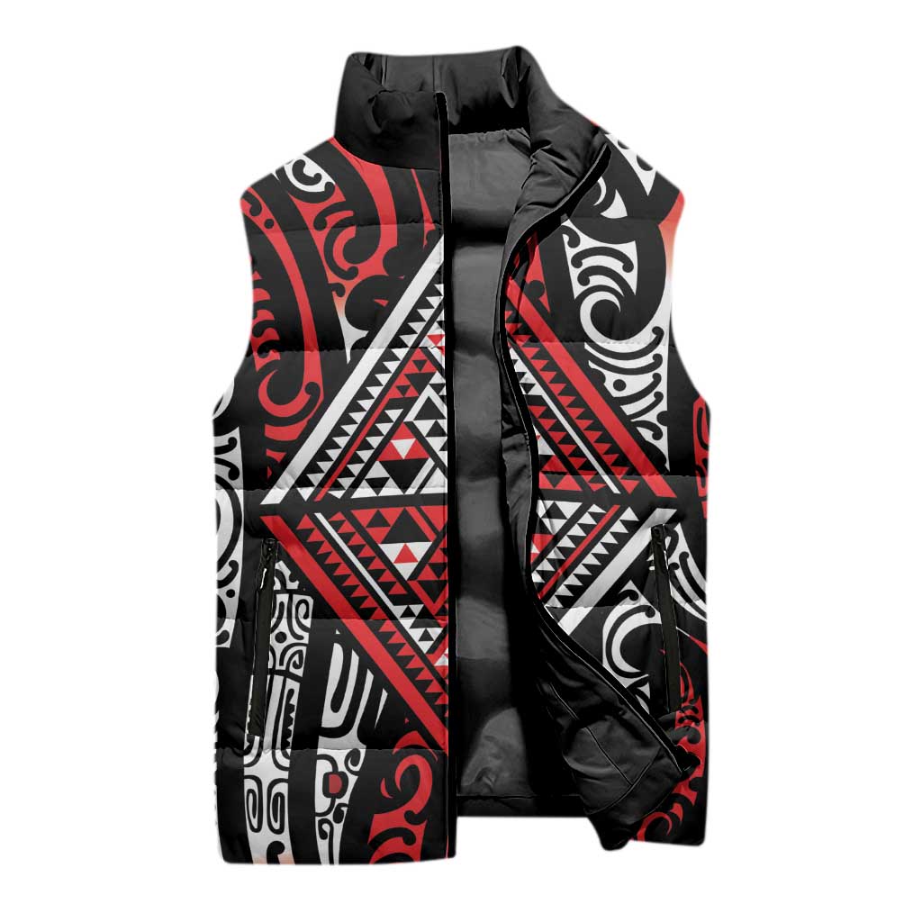 New Zealand Maori Taniko Sleeveless Puffer Jacket Red Kowhaiwhai Puhoro LT9 - Polynesian Pride