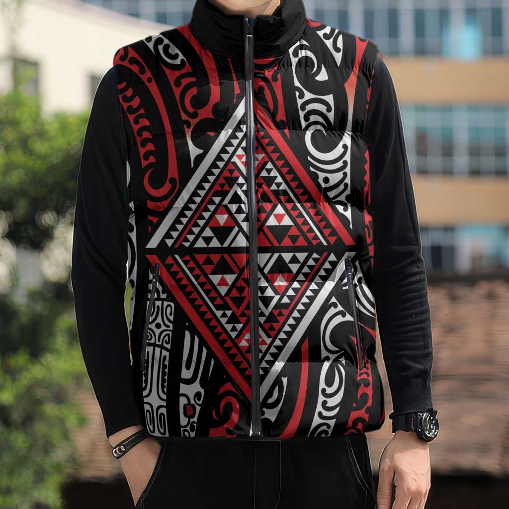New Zealand Maori Taniko Sleeveless Puffer Jacket Red Kowhaiwhai Puhoro LT9 - Polynesian Pride
