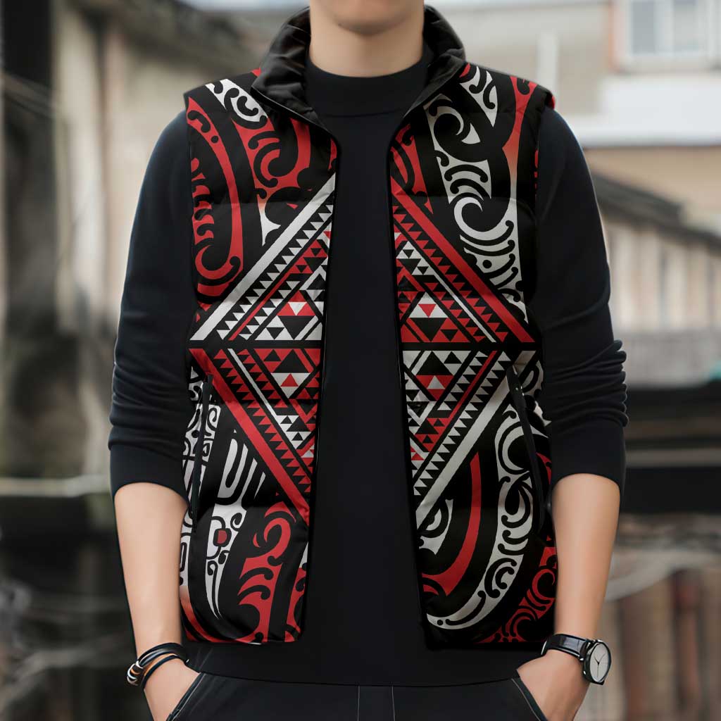 New Zealand Maori Taniko Sleeveless Puffer Jacket Red Kowhaiwhai Puhoro LT9 - Polynesian Pride