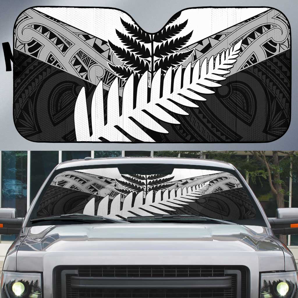 New Zealand Silver Fern Auto Sun Shade Maori Koru Mixed Taniko Pattern LT9 White - Polynesian Pride