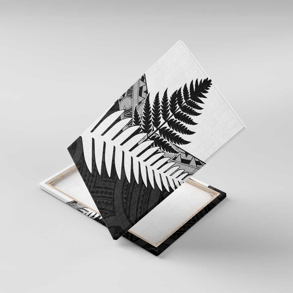 New Zealand Silver Fern Canvas Wall Art Maori Koru Mixed Taniko Pattern LT9 With Frame White - Polynesian Pride