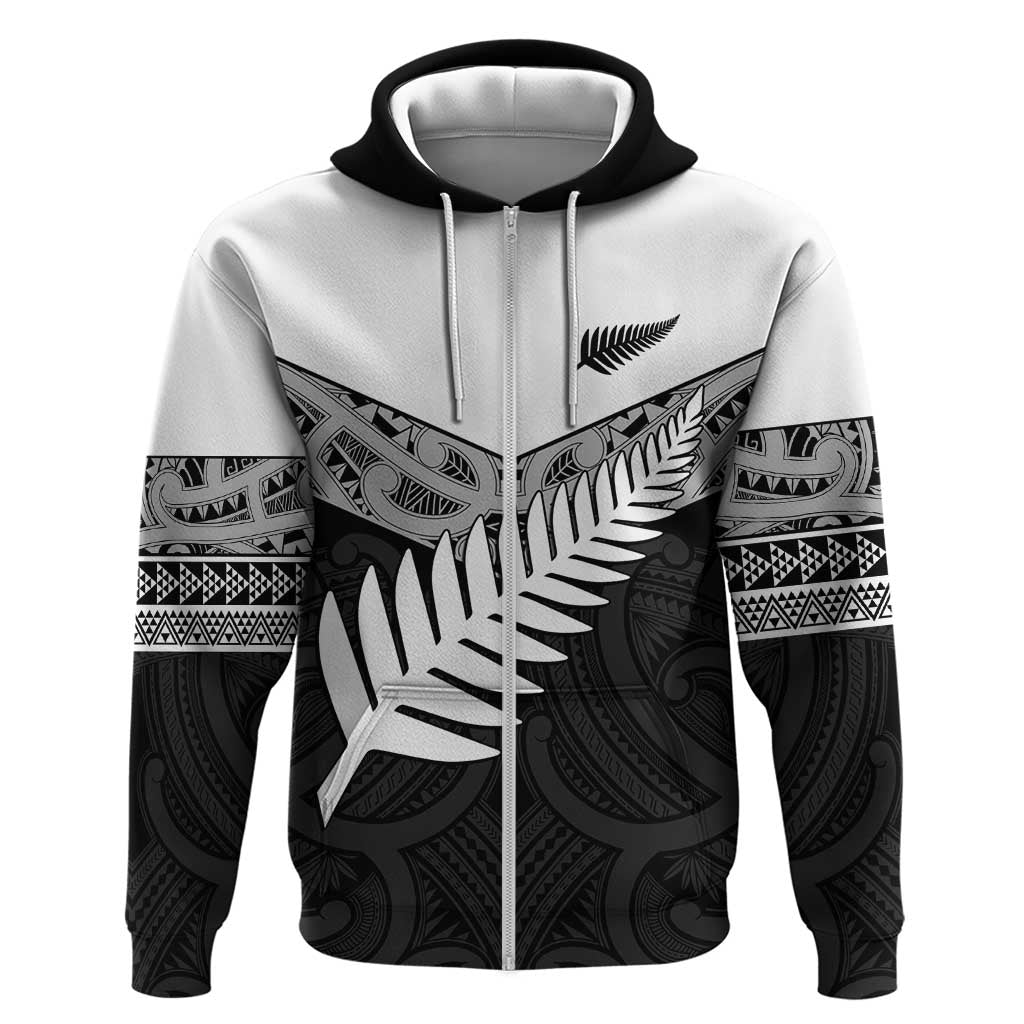New Zealand Silver Fern Hoodie Maori Koru Mixed Taniko Pattern LT9 Zip Hoodie White - Polynesian Pride