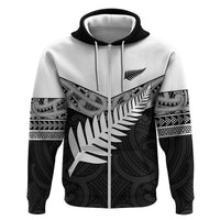 New Zealand Silver Fern Hoodie Maori Koru Mixed Taniko Pattern LT9 Zip Hoodie White - Polynesian Pride