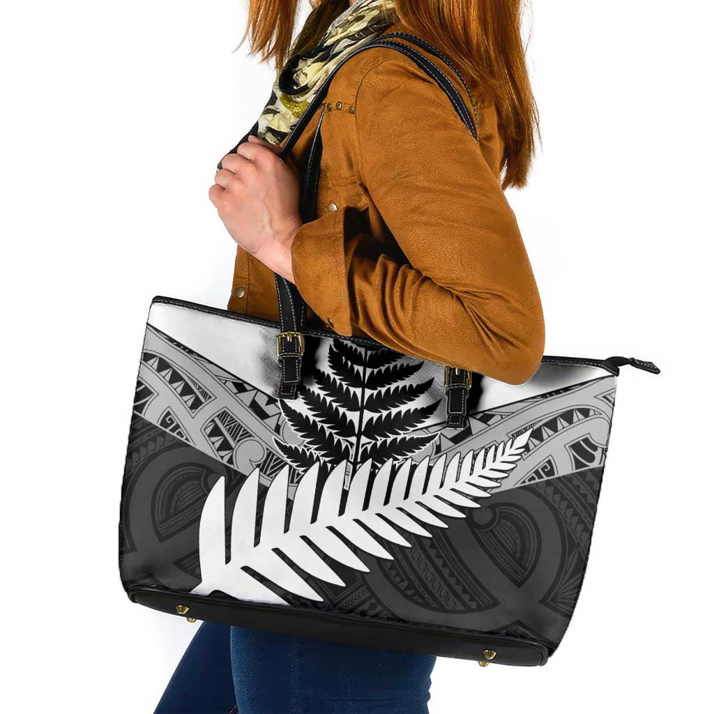 New Zealand Silver Fern Leather Tote Bag Maori Koru Mixed Taniko Pattern LT9 White - Polynesian Pride