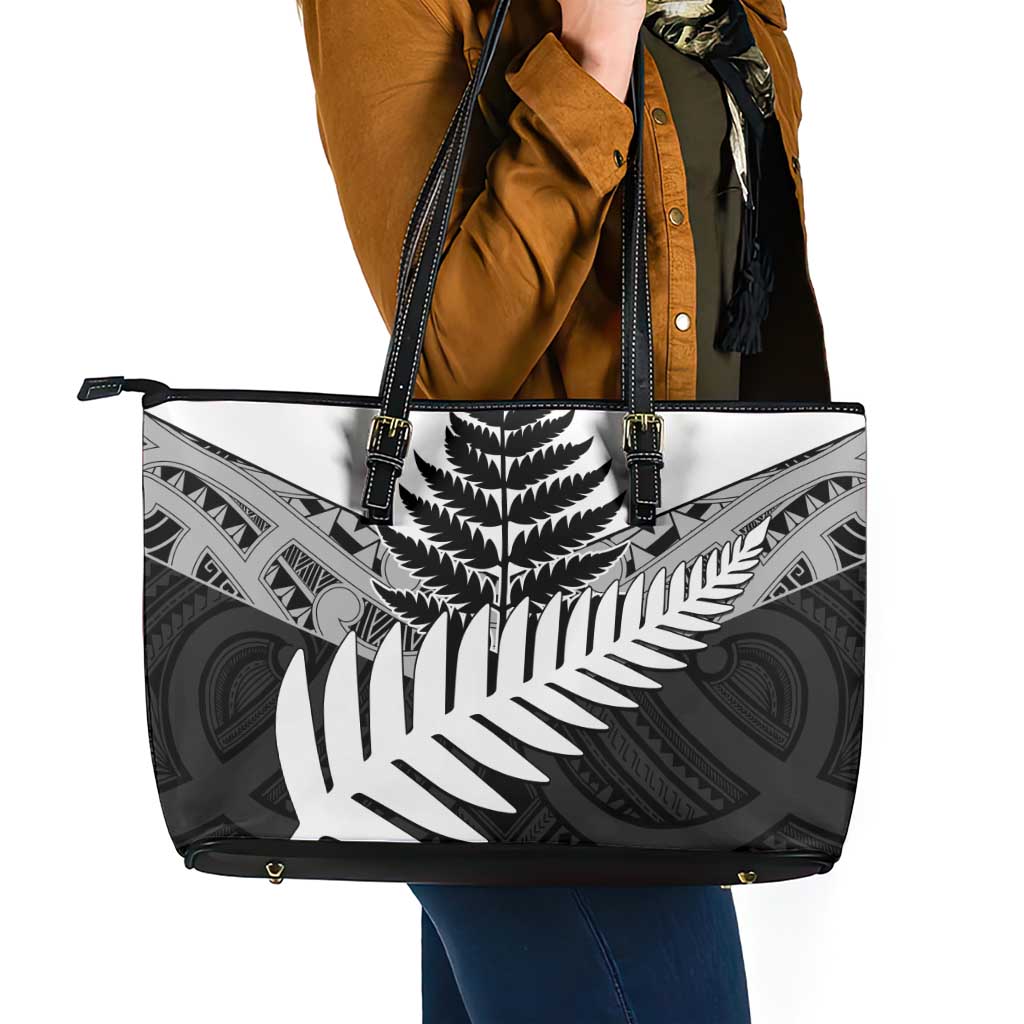 New Zealand Silver Fern Leather Tote Bag Maori Koru Mixed Taniko Pattern LT9 - Polynesian Pride