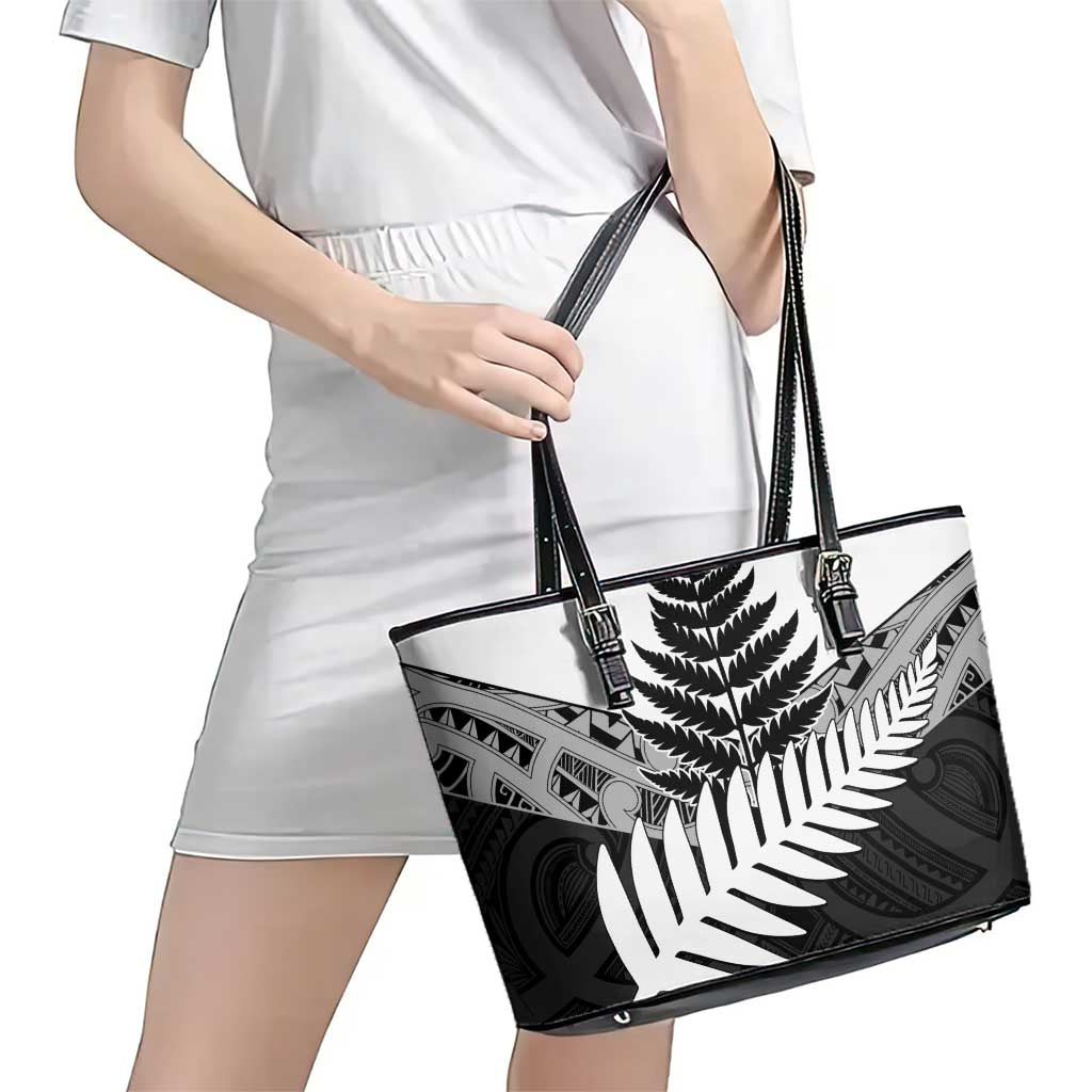 New Zealand Silver Fern Leather Tote Bag Maori Koru Mixed Taniko Pattern LT9 - Polynesian Pride